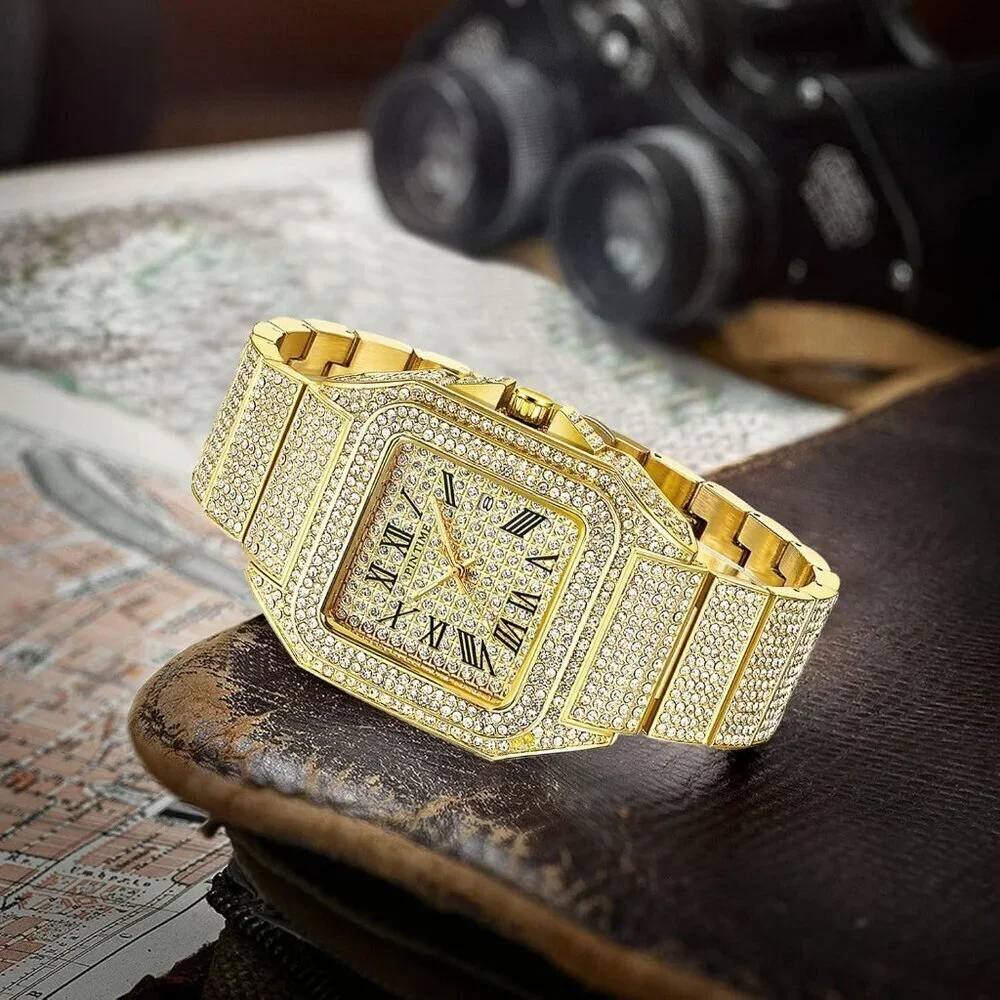 🆕Gosasa Analog Quartz Men Gold Fashion Hip Hop Crystal Stainless Bracelet Watch